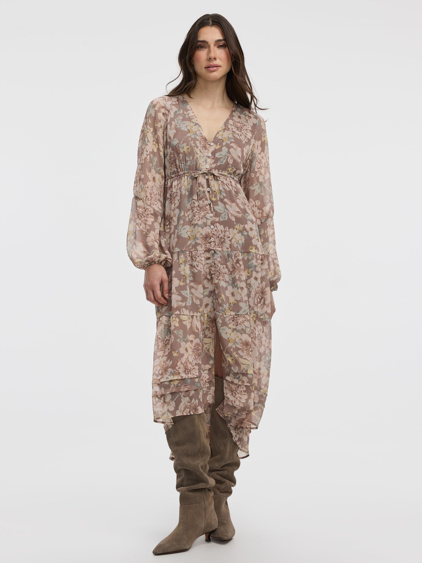 Long-Sleeve Maxi Tiered Dress