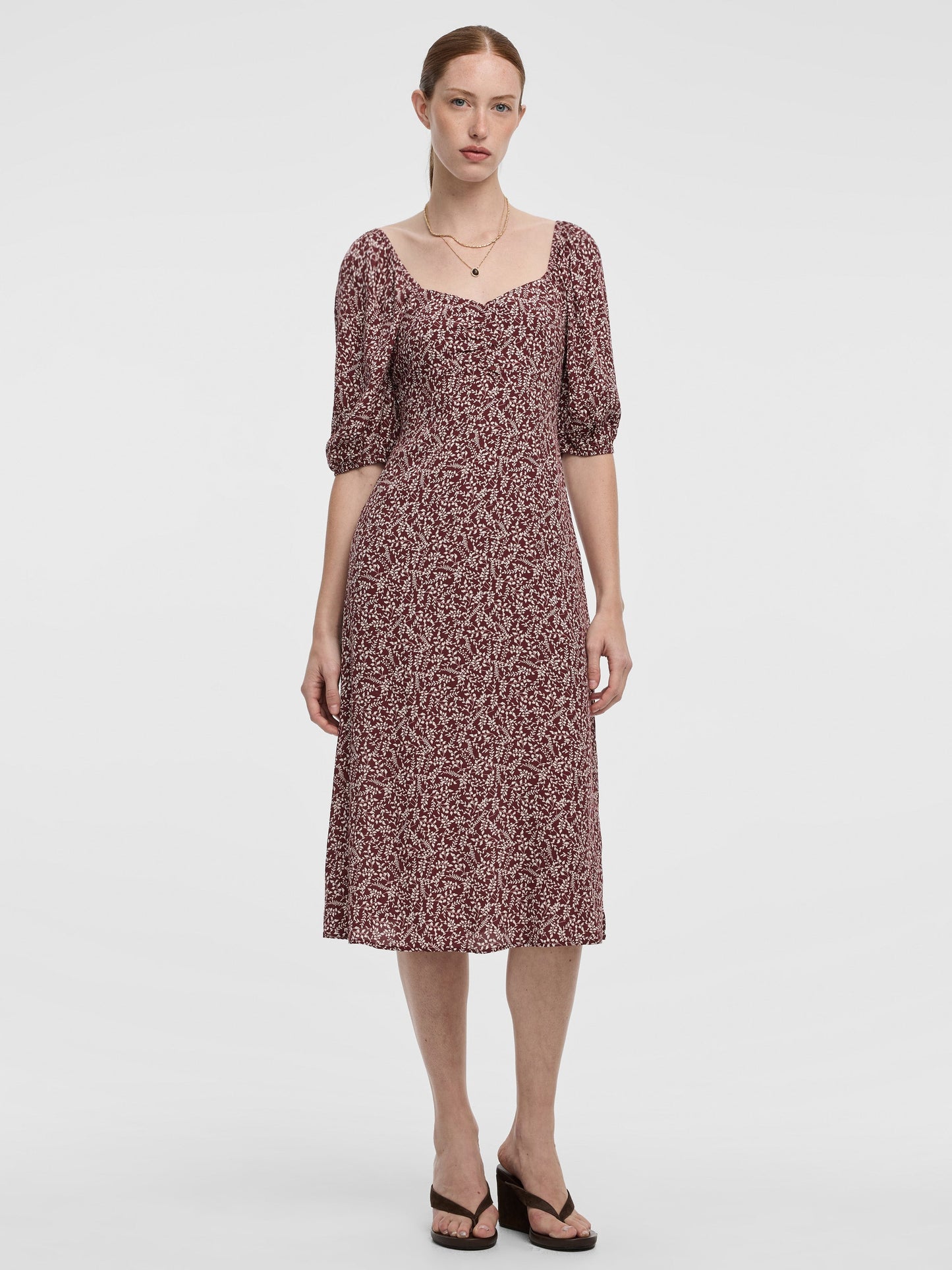 Short-Sleeve Midi Dress with Sweetheart Neckline