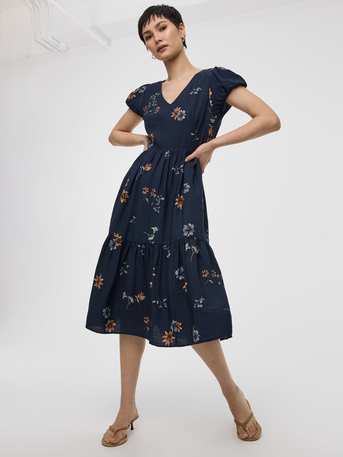 Short-Sleeve V-Neck Midi Dress