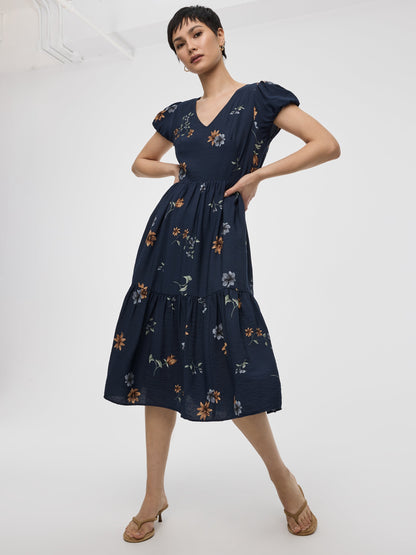 Short-Sleeve V-Neck Midi Dress